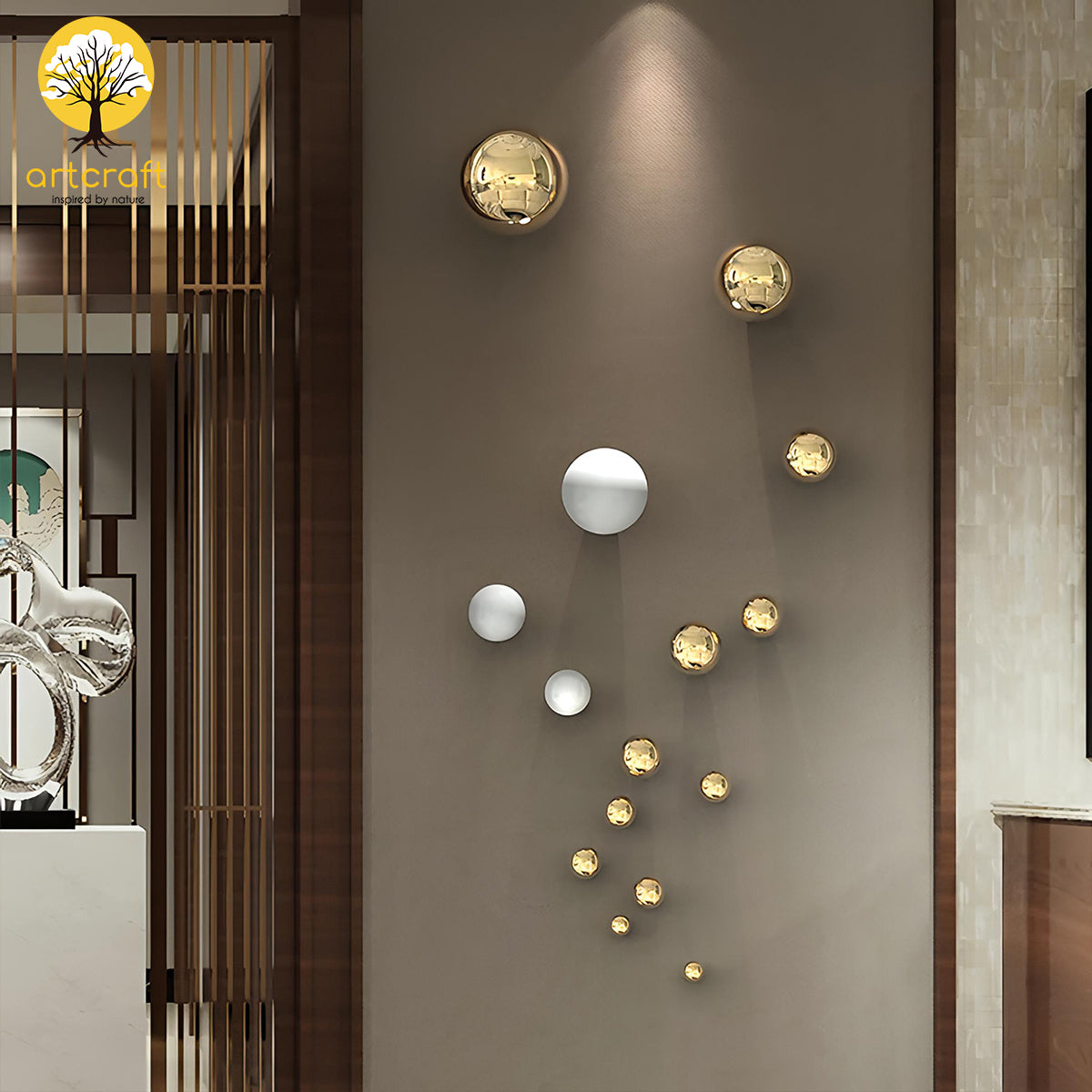 WHITE & GOLD SPHERICAL BALLS WALL HANGING - 100% MADE IN BRASS