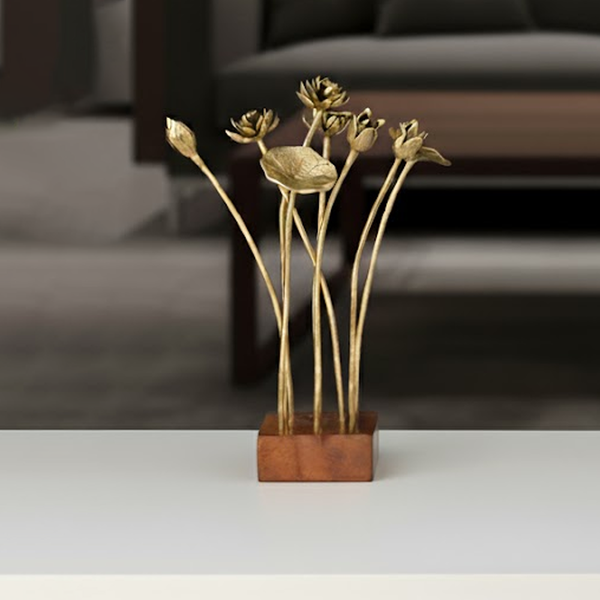 LOTUS ON WOOD TABLE DECOR - 100% MADE FROM BRASS