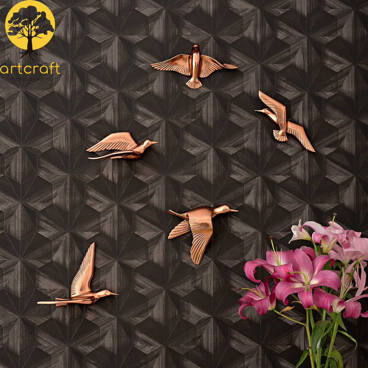 Rose Gold Pigeon Wall Decor- Flying Birds - 100% Made From Brass